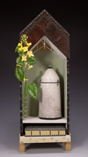 18" x 6" x 6" with Raku, metal,<br />paint, glass, handmade book