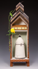 Shrine with wood, Raku, handmade book, metal, glass, paint